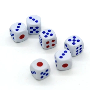 Set 10 zaruri albe cu puncte albastre si rosii, 13 mm, pentru jocuri de societate sau jocuri de noroc - Img 8