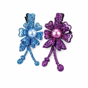 Set 2 agrafe de par mov si bleu 5 x 2 cm, model floral metalizat, accesorii elegante pentru coafuri feminine