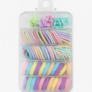 Set 2 cutii accesorii par cu elastic 2 cm, elastic spiralat, elastic subtire si 10 cleme flori multicolor