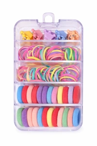 Set accesorii par copii cu cutie organizator, 26 elastice textile 2 cm, 80 elastice cauciuc multicolore si 5 cleme printesa 0.8 cm