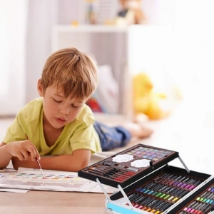 Set de desen si pictura pentru copii, 145 piese, valiza portabila din metal cu sertare, creioane, markere, acuarele, pasteluri, pensule si accesorii, organizare completa, albastru - Img 10