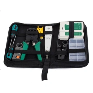 Set instrumente pentru retea LAN cu tester RJ45/RJ11, cleste sertizare 4/6/8P, stripper, push-in LSA, mufe RJ45, taietoare cablu si husa depozitare - pentru instalare si reparatii
