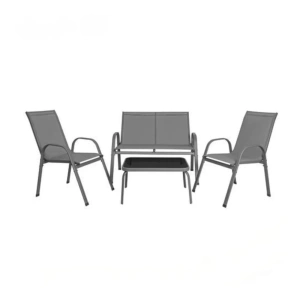 Set mobilier pentru balcon si terasa, canapea 2 locuri, 2 scaune si masuta cu blat din sticla securizata, cadru metalic, gri - Img 6