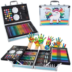 Set pictat si desen, 145 piese, gentuta depozitare stil gemantan, model Unicorn si curcubeu, albastru, 34 x 23 x 9 cm - complet, colorat si usor de transportat pentru micii artisti - Img 2