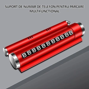 Suport numar telefon parcare auto multifunctional, suport telefon, spargere geam, compartiment parfum, aluminiu PC, rosu - Img 2