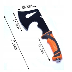 Topor multifunctional pentru camping din otel 420, maner ergonomic cauciucat antialunecare, cu husa protectie, 29.5 cm, portocaliu - Img 4