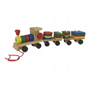 Trenulet de jucarie din lemn, 30 cm, multicolor - cu forme geometrice, puzzle arcade, locomotiva + 2 vagoane, blocuri detasabile, pentru copii 3+ - Img 6