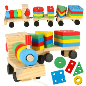 Trenulet de jucarie, locomotiva cu 2 vagoane, lemn, forme geometrice, 30 x 9 x 6 cm, multicolor
