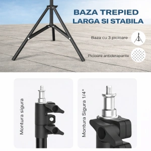 Trepied extensibil 210 cm din aluminiu cu suport reglabil pentru telefon si montura camera, stativ pliabil pentru foto video si iluminare, negru - Img 7