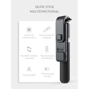 Trepied selfie stick 3in1, rotire 360 grade, lumina LED, telecomanda bluetooth inclusa - Negru - Img 2