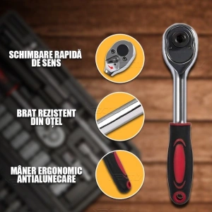 Trusa de scule cu 46 piese, surubelnita, clichet, chei tubulare, biti, torx, imbus, prelungitor, maner ergonomic, cutie compacta, neagra - Img 3
