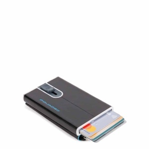 Piquadro, Blue Square, Leather Card Holder, Square Sliding System with Zipped Coin Pocket, PP5359B2R-N, Black, For Men