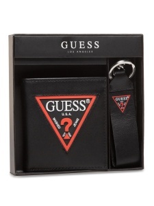 Set Guess: Guess, Leather Keyring, Black + Daelon, Leather Wallet, Small Billfold, Red/Black, For Men