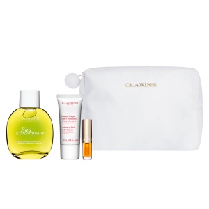 Set Clarins: Eau Extraordinaire, Apă de toaletă, For Women, 100 ml + Moisture-Rich, Shea Butter, Moisturising, Body Lotion, Body, 30 ml + Lip Confort, Lip Oil, 01, 1.4 ml *Miniature + Clarins, Zippered, GWP Textile Pouch, White