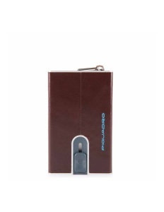 Piquadro, Blue Square, Leather Card Holder, Square Sliding System with Zipped Coin Pocket, PP5359B2R-MO, Mahogany, For Men