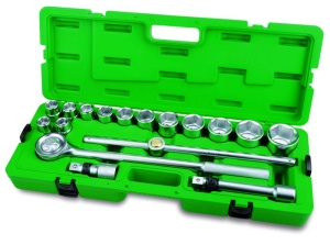 Set scule 3 / 4 17 piese in cutie plastic, cheie cu clichet 2 x prelungitoare, adaptoare 6-pt: 19,21,22,23,24,27,30,32,36,38,41, 46.50 mm TOPTUL - Img 1
