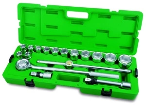 Set scule 3 / 4 17 piese in cutie plastic, cheie cu clichet 2 x prelungitoare, adaptoare 6-pt: 19,21,22,23,24,27,30,32,36,38,41, 46.50 mm TOPTUL