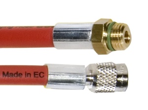Furtun extensie de la statie AC la HP R1234yf/R134a, lungime LP/HP: 3m, 1/4 SAE mufa tip Mama , M12X1.5 mufa tip Tata culoare rosu ERRECOM