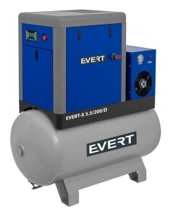 Compresor cu surub EVERT serie X, 5,5 kW 400V 10 bar, eficienta: 690l/min., rezervor: 200L, uscator aer
