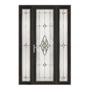 Ușă de interior PVC cu 2 panouri laterale vitrate și vitraj decorativ auriu, Ramplast SOLID 700, 256×228 cm