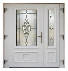 Ușă dublă de intrare PVC cu panou decorativ și vitraj, Ramplast SOLID 800, 140×220 cm