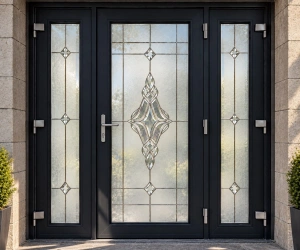 Ușă de intrare PVC cu 2 laterale și vitraj decorativ argintiu, gri antracit, 243×233 cm