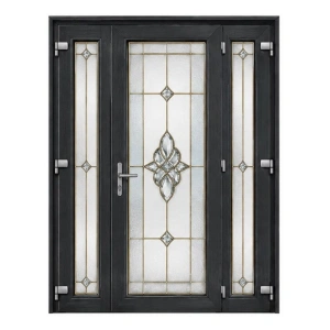 Ușă de intrare PVC cu 2 laterale și vitraj decorativ auriu, Salamander greenEvolution 76, 243×233 cm