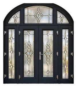 Ușă dublă de intrare PVC cu arcadă, laterale și vitraj decorativ, Salamander greenEvolution 76, 260×300 cm