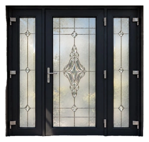 Ușă de intrare PVC cu 2 laterale și vitraj decorativ argintiu, Salamander greenEvolution 76, 243×233 cm