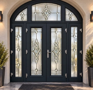 Ușă dublă de intrare PVC cu arcadă, laterale și vitraj decorativ, gri antracit, 260×300 cm