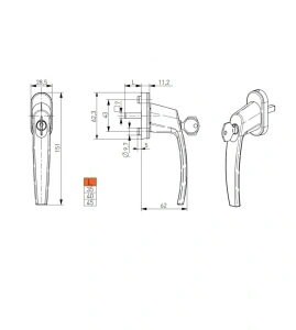 Mâner fereastră PVC cu cheie Medos Victory, aluminiu, alb, tijă 7×40 mm - Img 2