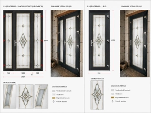 Ușă de interior PVC cu vitraj auriu – fișă tehnică cu dimensiuni și detaliu vitraj