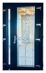Ușă dublă de intrare PVC asimetrică cu vitraj decorativ, Ramplast SOLID 800, 140×233 cm