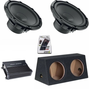 Pachet 2 x Subwoofer auto Hertz Cento CS 300W + Amplificator Deaf Bonce Machete MFA 1.1000 + Kit de cabluri complet
