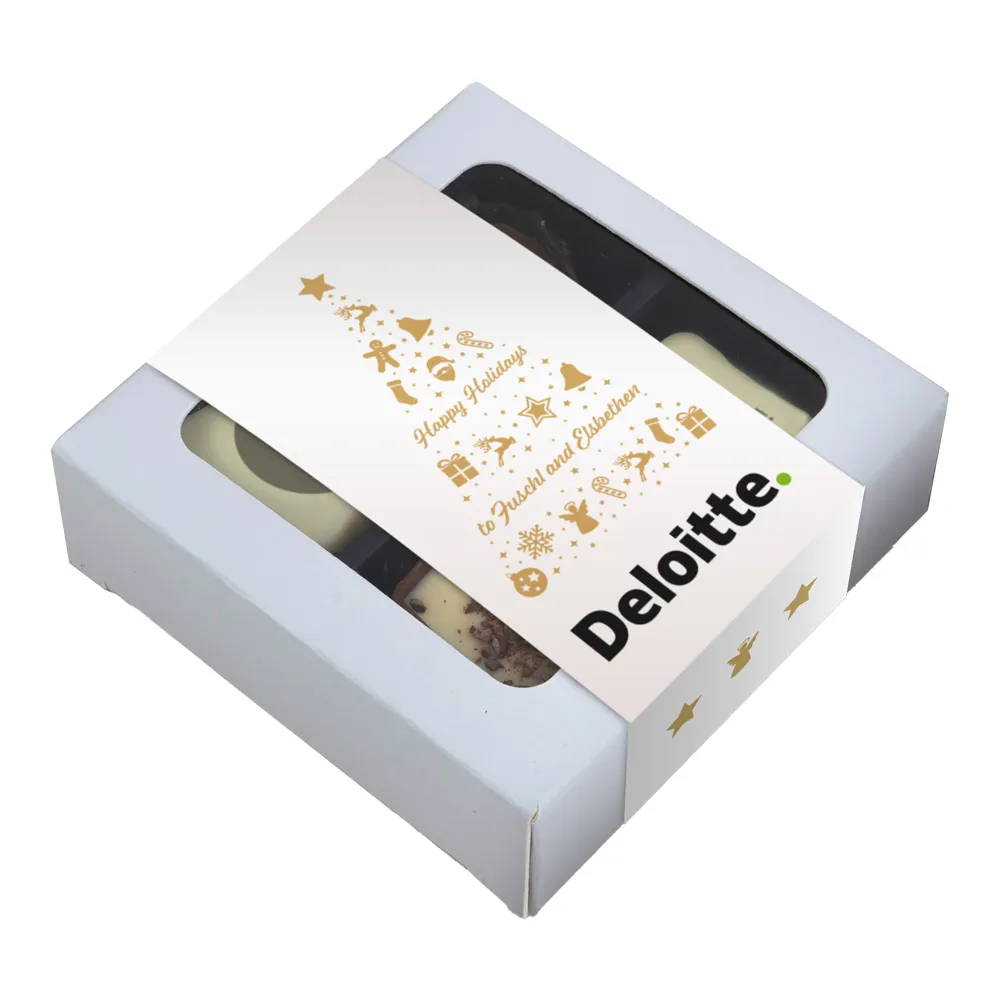 Cutie praline Oxide Quattro finisată cu banderolă din carton personalizată