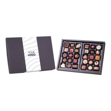 Cutie cu 30 praline belgiene personalizata cu banderola cu logo