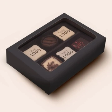 Cutie neagra cu 3 praline belgiene personalizate cu logo si 3 praline standard