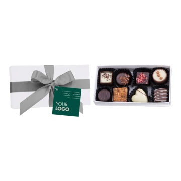 Cutie alba cu 8 praline standard personalizata cu panglica si compliment card