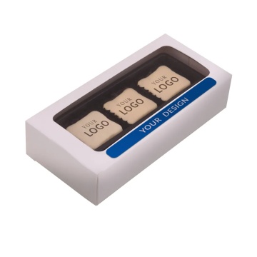 Cutie alba cu 3 praline personalizabile cu logo si ambalaj personalizat cu sticker