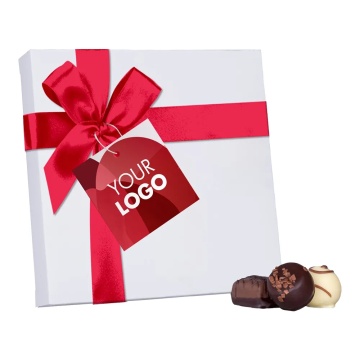 Cutie alba cu 16 praline belgiene personalizata cu panglica si compliment card