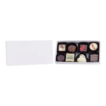 Cutie alba cu 1 pralina cu logo si 7 praline belgiene premium