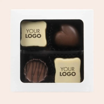 Cutie alba cu fereastra cu 2 praline standard si 2 praline personalizate cu logo
