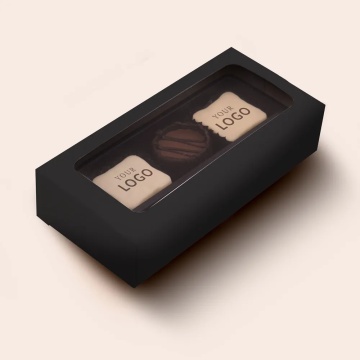 Cutie neagra cu 2 praline belgiene personalizabile cu logo si una standard