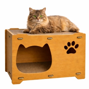 Casuta pentru pisici BUNTZ, interior, MDF cu placa de zgariat si terasa, 44 x 28.5 x 30.5 cm