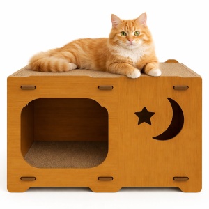 Casuta pentru pisici BUNTZ, interior, MDF cu placa de zgariat si terasa, 59x28.5x35cm