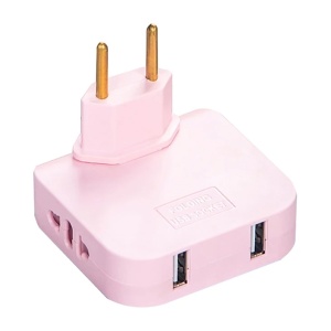 Háromszoros, 180°-ban forgatható adapter 2 aljzattal és 2 USB porttal, Techstar®, 2500 W, rózsaszín - ideális szűk helyekre