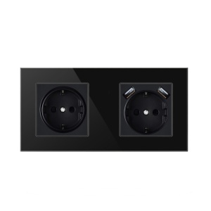 Techstar® Crystal TSU2 aljzat, dupla, 2 x USB, 2,1 A, ónix fekete színű, biztonsági üveg, 16 A