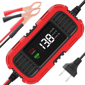 Techstar 12V 2A motorkerékpár akkumulátortöltő egyenirányító automatikus leállítással, 3 fokozatú intelligens töltéssel, LED kijelzővel, töltésszint érzékeléssel, kompatibilis AGM, GEL, SLA,