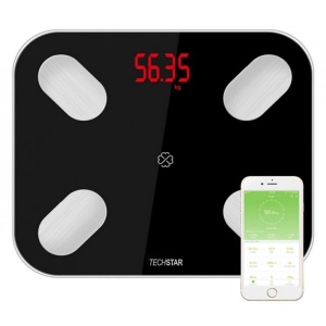 Techstar Smart Elektronikus mérleg, digitális kijelző, vezeték nélküli, Bluetooth, maximális súly 180 kg, Android és iOS kompatibilis, fekete