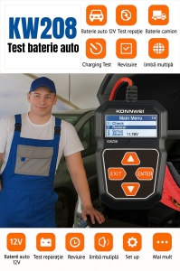 tester konnwei kw208 conectat la baterie, afisand tensiunea pe lcd